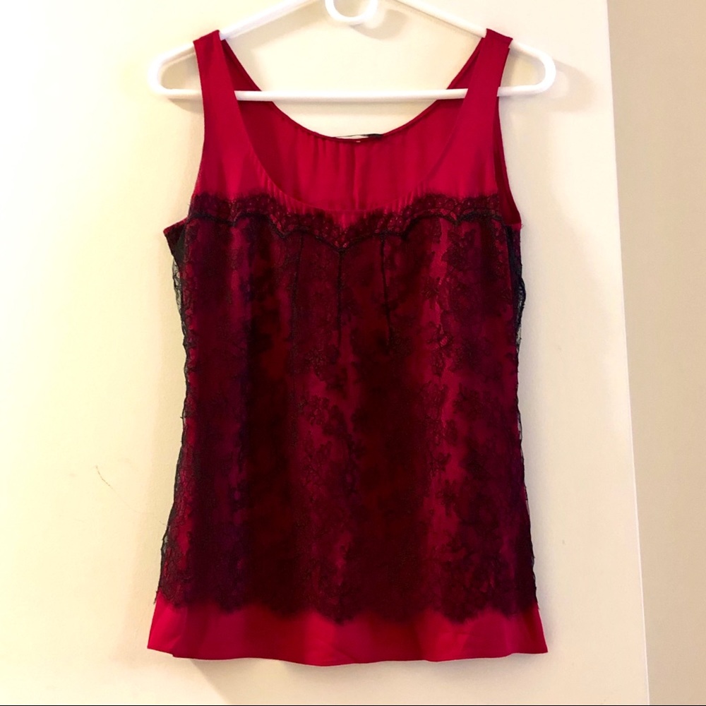 Silky red sleeveless top w delicate lace overlay